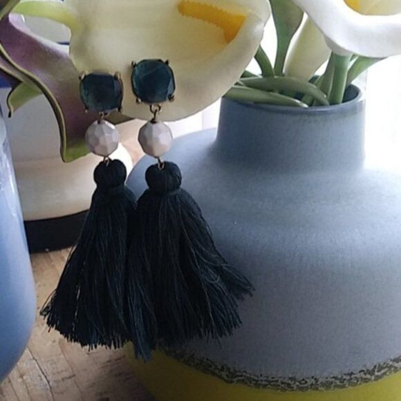 Blue White Rhinestone Tassel Fringe Vintage Gold Dangle Statement Earrings - Picture 7 of 8